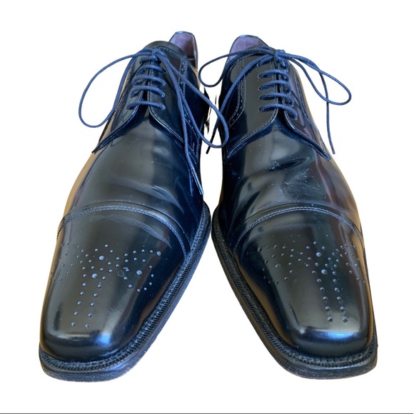 Mezlan Black Leather Semi Brogue Cap Toe Shoes - Picture 3 of 7